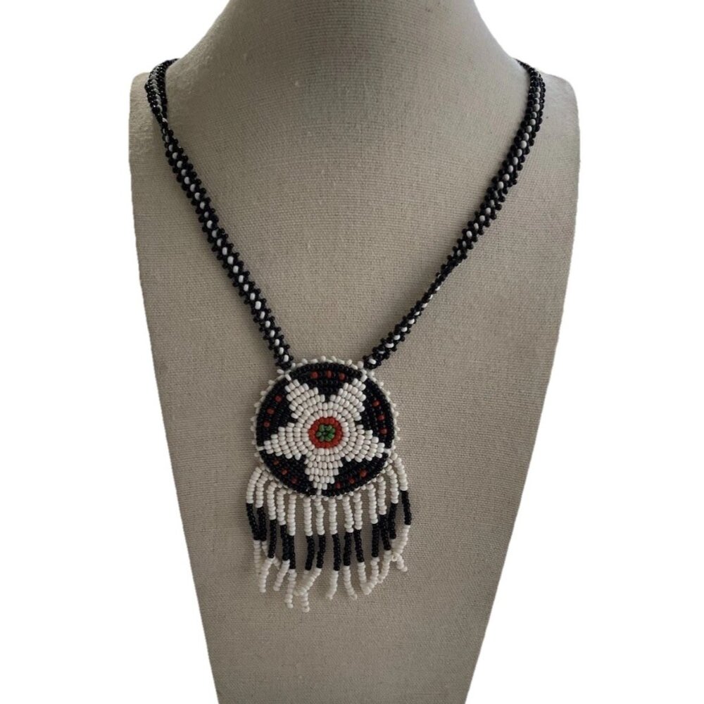Vintage Native American Beaded Circle Medallion Leather Necklace Black Red 16”